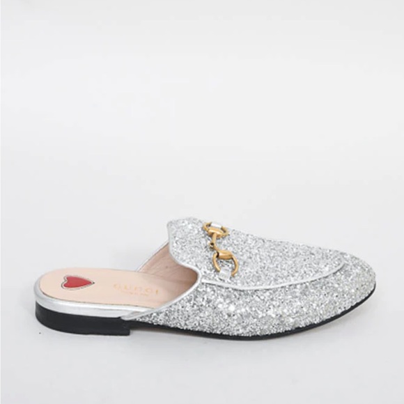 Gucci Shoes - Gucci Shoes Princetown Horsebit Silver Glitter Mule Slides 35